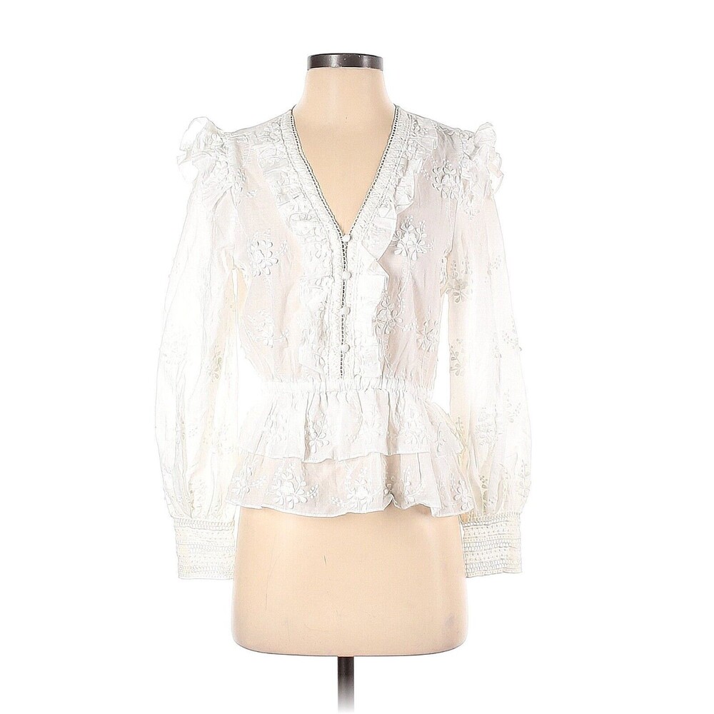 MAJE Ecru Loxana Ruffled Embroidered Cotton V-Neck Victorian Blouse - 1 (Small)